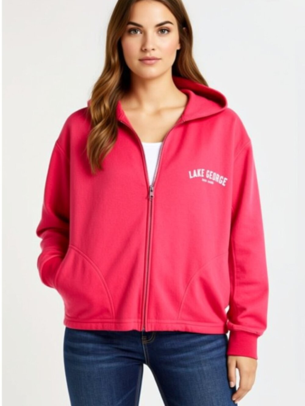 Hanes, Lake George NY Hoodie, Coral, Size Large (J17)